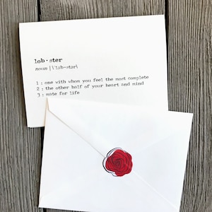 carte de voeux de définition de homard en police de machine à écrire avec enveloppe et joint d'autocollant rose, carte vierge de taille 4 x 5,5, compagnon pour la vie, carte d'âme soeur
