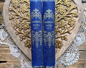 Pair of antique 1856 Longfellow Poems books Volume I and II, vibrant blue and gold covers, Evangeline, poetry books, blue Christmas gift