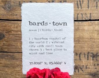 bardstown kentucky definition print in typewriter font on 5x7, 8x10, 11x14 handmade paper, bourbon, whiskey distilleries, kentucky derby
