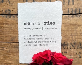 memories definition print in typewriter font on 5x7, 8x10, 11x14 handmade cotton paper, gift for parents, travel memories, remembrance gift