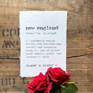 new england definition print in typewriter font on 5x7, 8x10, 11x14 handmade paper, northeast, MA, NH, Maine, Vermont, CT, housewarming gift