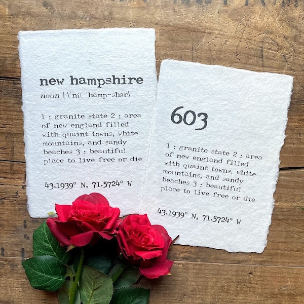 new hampshire OR 603 area code definition print in typewriter font on 5x7, 8x10, 11x14 handmade paper, housewarming gift, new england home
