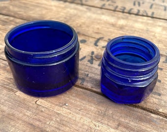 Lot of 2 vintage cobalt blue medicine jars, antique apothecary bottles, vintage bookshelf decor, office, blue wedding, christmas, home decor