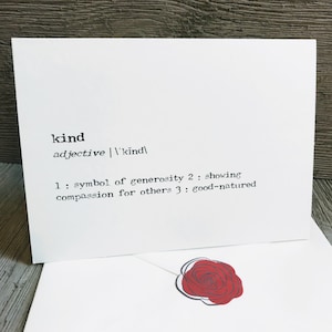 kind definition greeting card in typewriter font with envelope and rose sticker, size 4x5.5 card, thank you card, gratitude stationery