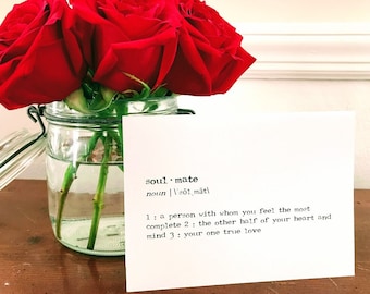 soulmate definition greeting card in typewriter font with envelope and rose sticker seal, size 4x5.5 blank card, wedding, anniversary, love