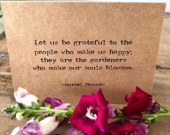 Let us be grateful to people who make us happy quote greeting card with envelope and rose sticker seal, 4x5.5 blank card, thank you card