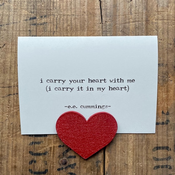 i carry your heart with me e.e. cummings quote greeting card with envelope and rose sticker seal, size 4x5.5 blank card, stationery