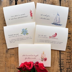 Lot de 5 cartes de vœux colorées avec enveloppes et autocollants roses, taille 4 x 5,5, condoléances pour le deuil, cardinal, papeterie florale