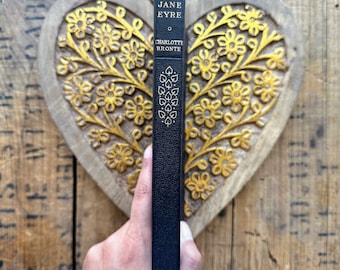 Vintage Jane Eyre by Charlotte Bronte book, blue and gold book cover, Victorian gothic novel, feminist, love story, vintage bookshelf decor