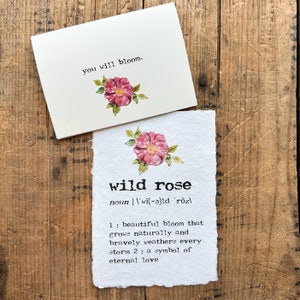 wild rose definition print in typewriter font on handmade paper with original wild rose watercolor, brave bloom, eternal love, summer decor image 2