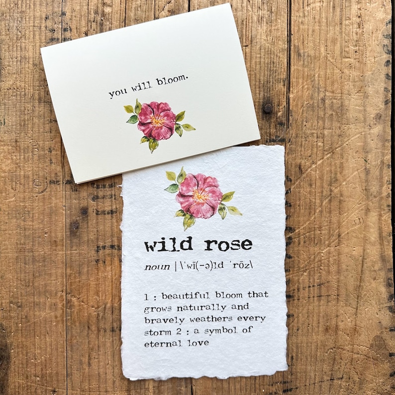 wild rose definition print in typewriter font on handmade paper with original wild rose watercolor, brave bloom, eternal love, summer decor image 2