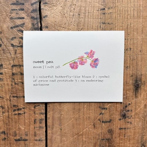 May include: A white card with the words "sweet pea" and its pronunciation. Below, it defines sweet pea as a colorful bloom, a symbol of grace, and an endearing nickname. A watercolor illustration of pink and blue sweet pea flowers is on the right.