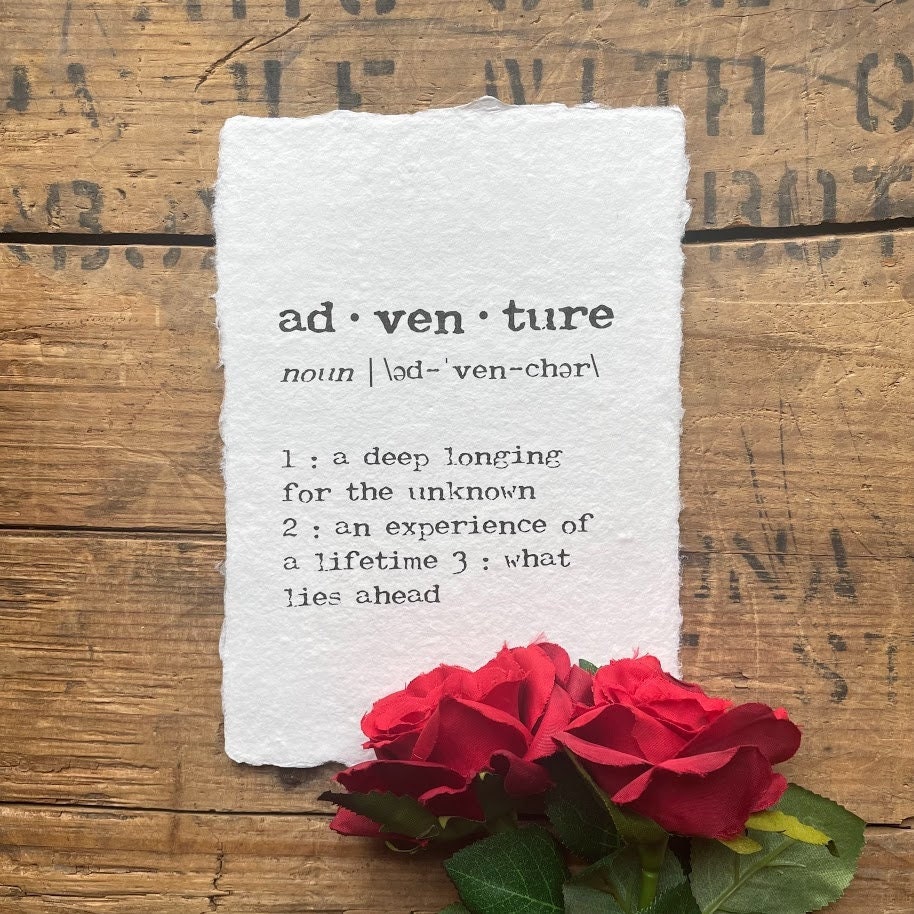 adventure definition print in typewriter font on 5x7, 8x10, 11x14 handmade paper, world traveler, wedding honeymoon, moving, graduation gift