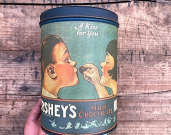 Vintage 24 oz Hershey's Milk Chocolate Kisses tin with girl feeding kiss to boy, "A kiss for you," vintage bookshelf decor, anniversary gift