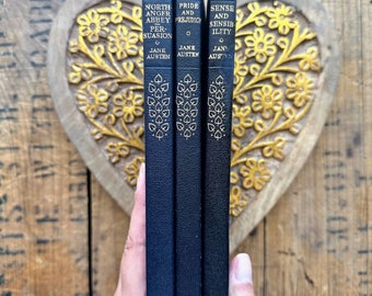 Vintage set of Jane Austen books, Pride and Prejudice, Sense and Sensibility, Northanger Abbey, Persuasion, gold gilt, blue bookshelf decor