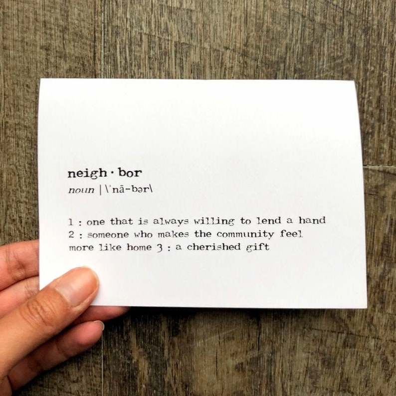 Neighbor definition greeting card in typewriter font with Etsy