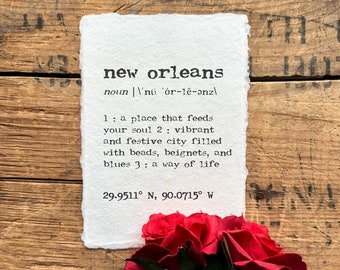 new orleans louisiana definition print in typewriter font on 5x7, 8x10, 11x14 handmade paper, housewarming, mardi gras festival, blues