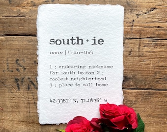 southie massachusetts definition print in typewriter font on 5x7, 8x10, 11x14 handmade paper, home, housewarming, south boston wall sign