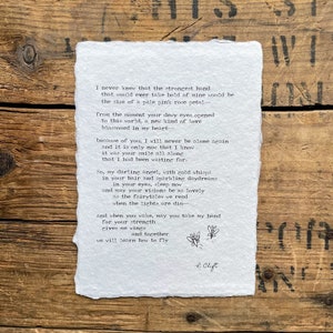 A new kind of love mother and baby poem by R. Clift in typewriter font on 5x7, 8x10, 11x14 handmade paper, new baby, daughter, nursery art