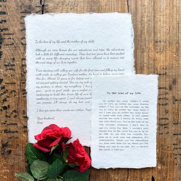 custom love letter print on handmade paper in 5x7, 8x10, 11x14, paper or cotton anniversary gift, wedding, marry me, apology, spouse gift