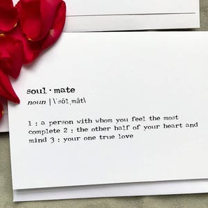 soulmate definition greeting card in typewriter font with envelope and rose sticker seal, size 4x5.5 blank card, wedding, anniversary, love image 3