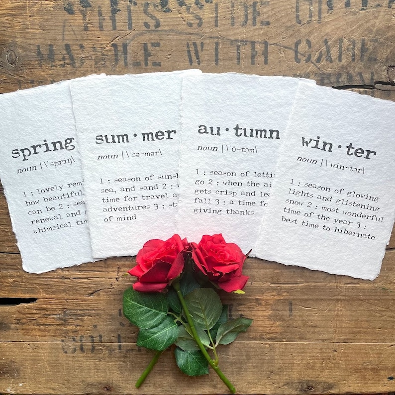 spring, summer, autumn, and winter seasons definition prints on handmade paper