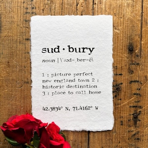 sudbury massachusetts definition print in typewriter font on 5x7, 8x10, 11x14 handmade paper, home decor, new home gift, new england town