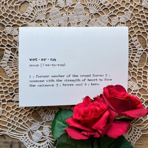 veteran definition greeting card in typewriter font with envelope and rose sticker