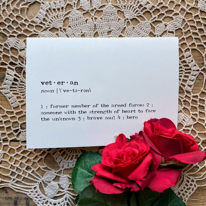 veteran definition greeting card in typewriter font with envelope and rose sticker