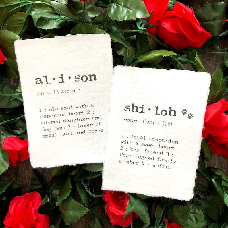 alison and shiloh custom name definitions on handmade paper