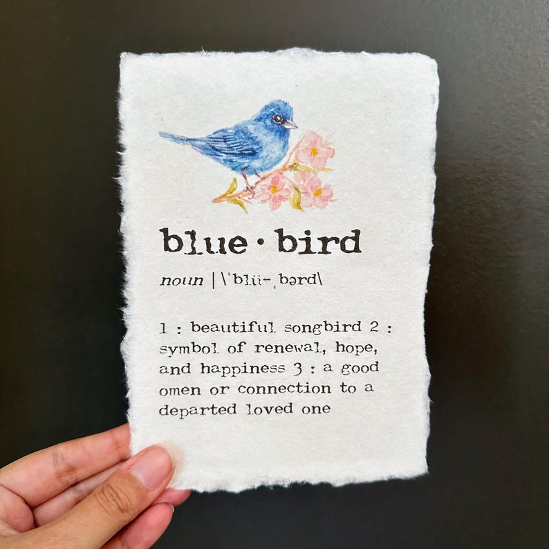 May include: A watercolor illustration of a bluebird perched on a branch of pink flowers. The image is accompanied by a definition of the word "bluebird" as a noun, with the pronunciation and three meanings.