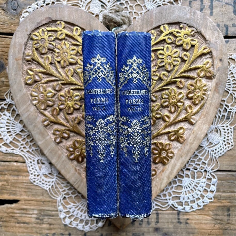 Pair of antique 1856 Longfellow Poems books Volume I and II, vibrant blue and gold covers, Evangeline, poetry books, blue Christmas gift