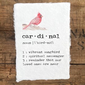 cardinal definition print in typewriter font on 5x7, 8x10, 11x14 handmade paper with original cardinal bird watercolor, memorial, grief gift