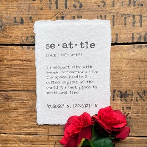 seattle washington definition print in typewriter font on 5x7, 8x10, 11x14 handmade paper, space needle, coffee capital, housewarming gift
