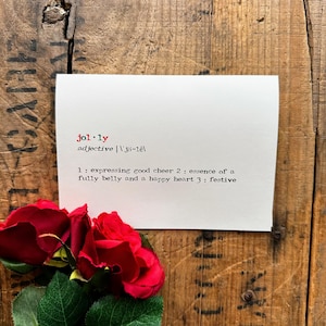 Tarjeta de felicitación con definición alegre en fuente de máquina de escribir con sobre y calcomanía de rosa, tamaño 4 x 5,5, tarjeta en blanco, tarjeta festiva de alegría navideña