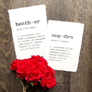heather and sandra custom name definitions on handmade paper