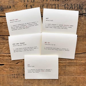 5 tarjetas con definiciones de palabras navideñas, paquete de papelería, navidad, duende, pan de jengibre, alegre, alegría, tarjetas de felicitación en blanco de 4 x 5,5 con sobres