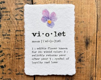 Definición de violeta impresa en fuente de máquina de escribir en papel hecho a mano de 5x7, 8x10, 11x14 con acuarela de flores moradas, lealtad y amor, regalo para hija