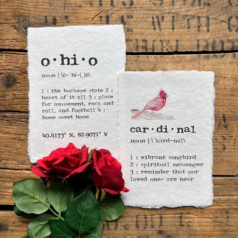 May include: Two handmade paper cards with definitions of the words "ohio" and "cardinal". The "ohio" card has the state's coordinates. The "cardinal" card has a watercolor illustration of a red cardinal.