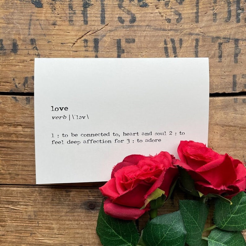 love definition greeting card in typewriter font with envelope and rose sticker seal, size 4x5.5 blank card, anniversary, wedding card image 1