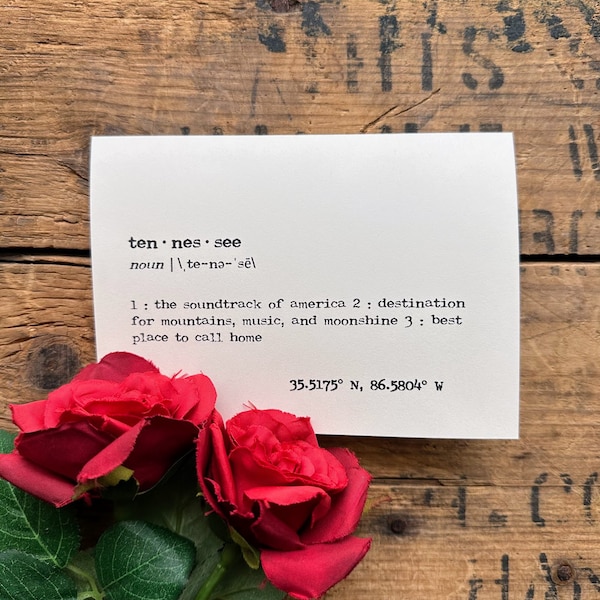 tennessee definition greeting card in typewriter font with envelope and rose sticker, or custom stationery notecard, housewarming card