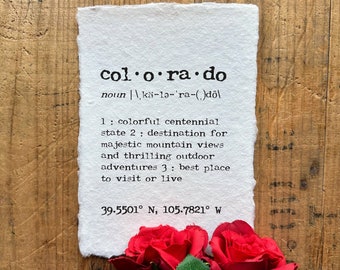 colorado definition print in typewriter font on handmade paper, rocky mountains, denver, boulder, aspen, colorado springs, housewarming gift