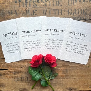 Spring, summer, autumn, winter seasons definition prints on handmade cotton rag paper with deckle edges
