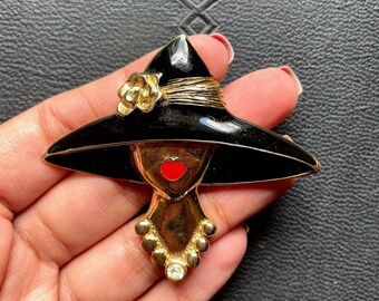 Vintage enamel M Jent brooch of woman with red lips and hat, rhinestone, gold, black pin, size 2.5" x 2.25", vintage costume jewelry, pin