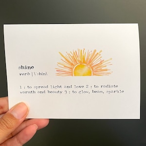 shine definition greeting card in typewriter font with original sunshine watercolor, envelope and rose sticker, blank encouragement card