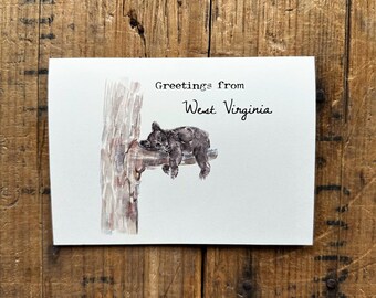 Carte de voeux de Virginie-Occidentale avec ours noir dans un arbre, Appalaches, Charleston, Morgantown WVU, Wheeling, je pense à vous