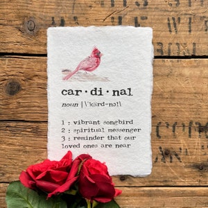 cardinal definition print in typewriter font on 5x7, 8x10, 11x14 handmade paper with original cardinal bird watercolor, memorial, grief gift