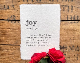 joy definition print in typewriter font on 5x7, 8x10, 11x14 handmade paper, home decor, housewarming gift, christmas decor, word of the year