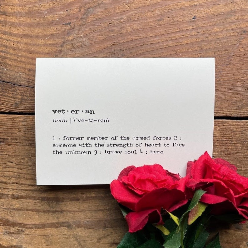 veteran definition greeting card in typewriter font with envelope and rose sticker