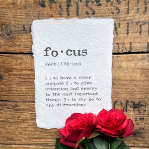 focus definition print in typewriter font on 5x7, 8x10, 11x14 handmade paper, new year word, purpose, focus quote print, no distractions